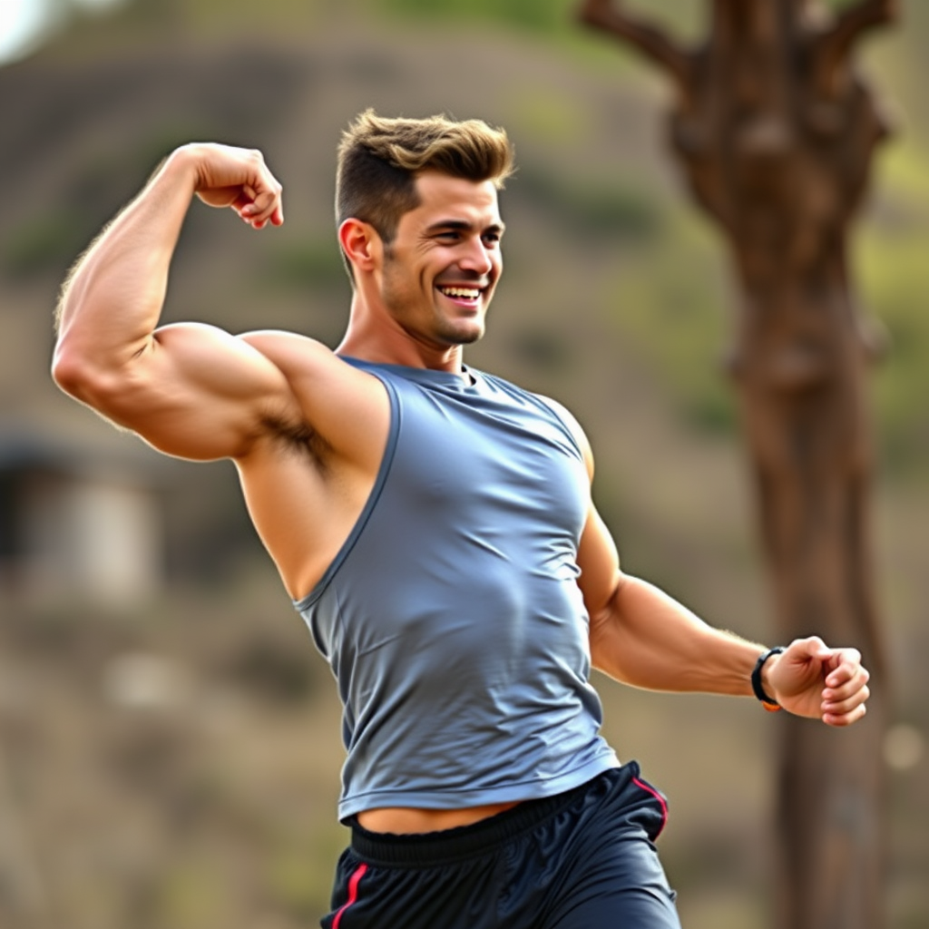 Homem atlético e saudável praticando exercícios ao ar livre, demonstrando vitalidade masculina e energia natural