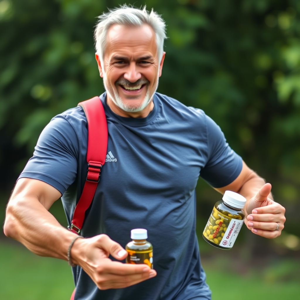Homem maduro de 40 anos fazendo exercício ao ar livre, segurando suplementos naturais, com expressão energética e saudável, fundo de natureza verde