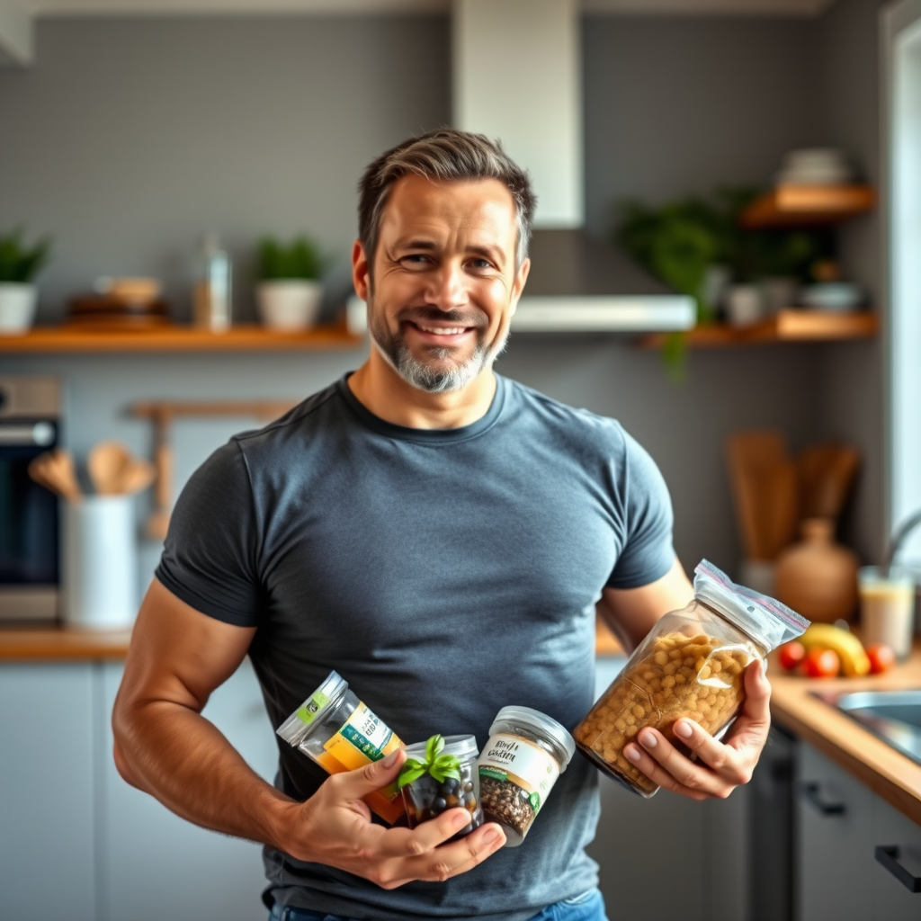Homem de 40 anos em forma segurando suplementos naturais em uma cozinha moderna, com expressão confiante e energética, luz natural destacando vitalidade masculina