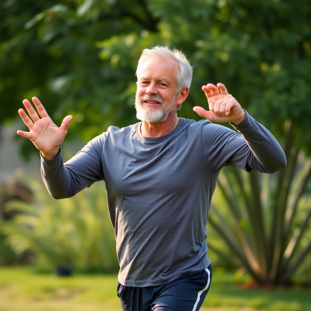 Homem de meia-idade em boa forma física praticando exercícios matinais ao ar livre, demonstrando energia e vitalidade natural