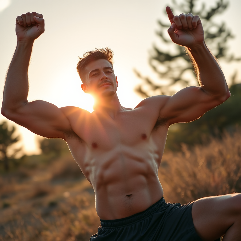 Homem atlético fazendo exercícios matinais ao ar livre com o sol nascente ao fundo, demonstrando vitalidade masculina e energia natural