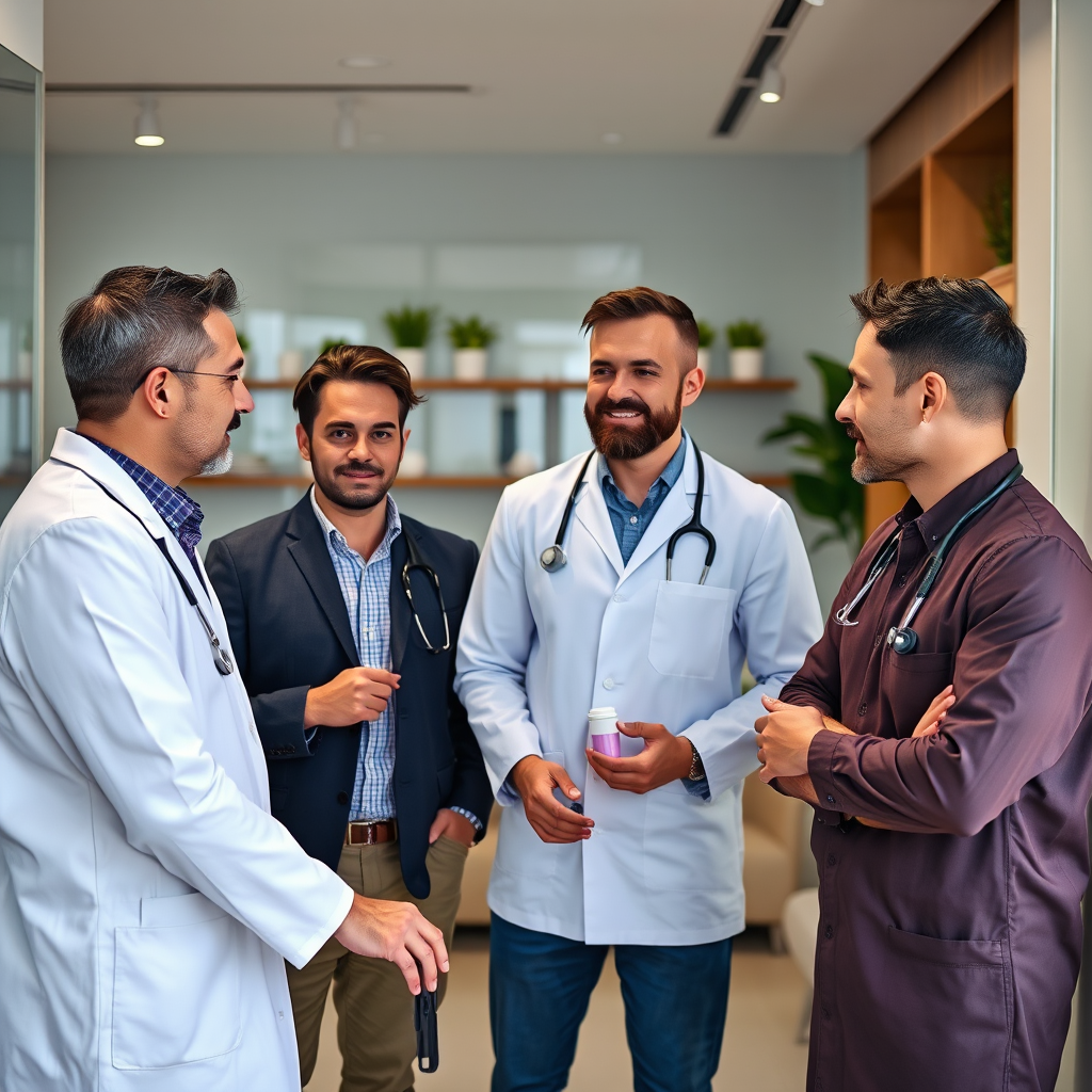 Equipa de especialistas em saúde masculina de Lisboa numa clínica moderna, com médicos e nutricionistas profissionais discutindo suplementos naturais e práticas de bem-estar para homens