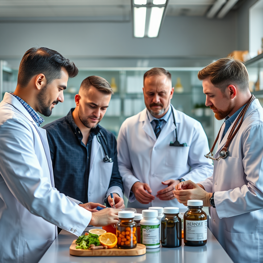 Equipe de especialistas em saúde masculina e nutrição trabalhando em laboratório moderno com suplementos naturais