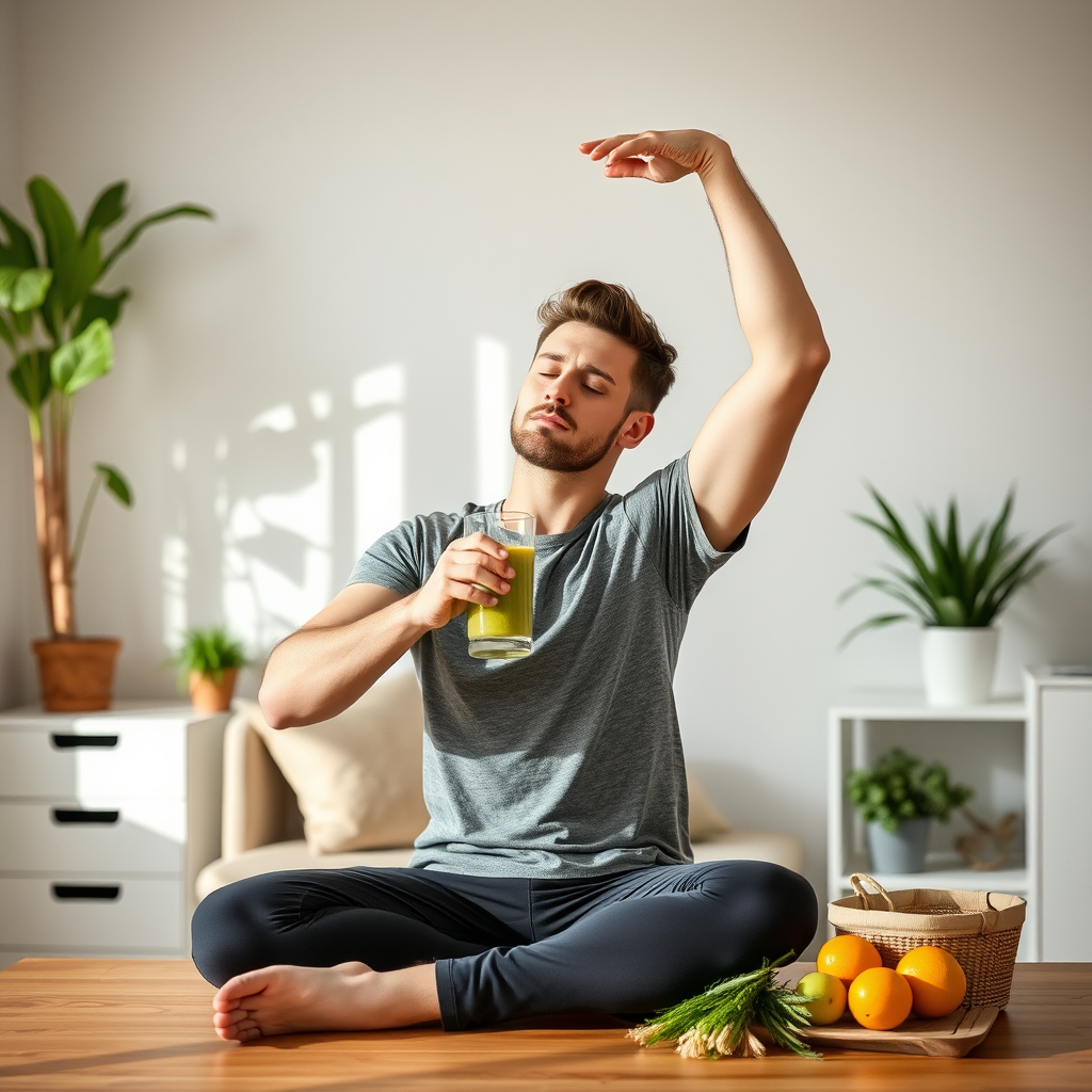 Homem executando rotina matinal de wellness, fazendo alongamentos, preparando smoothie saudável, ambiente moderno e organizado, luz natural