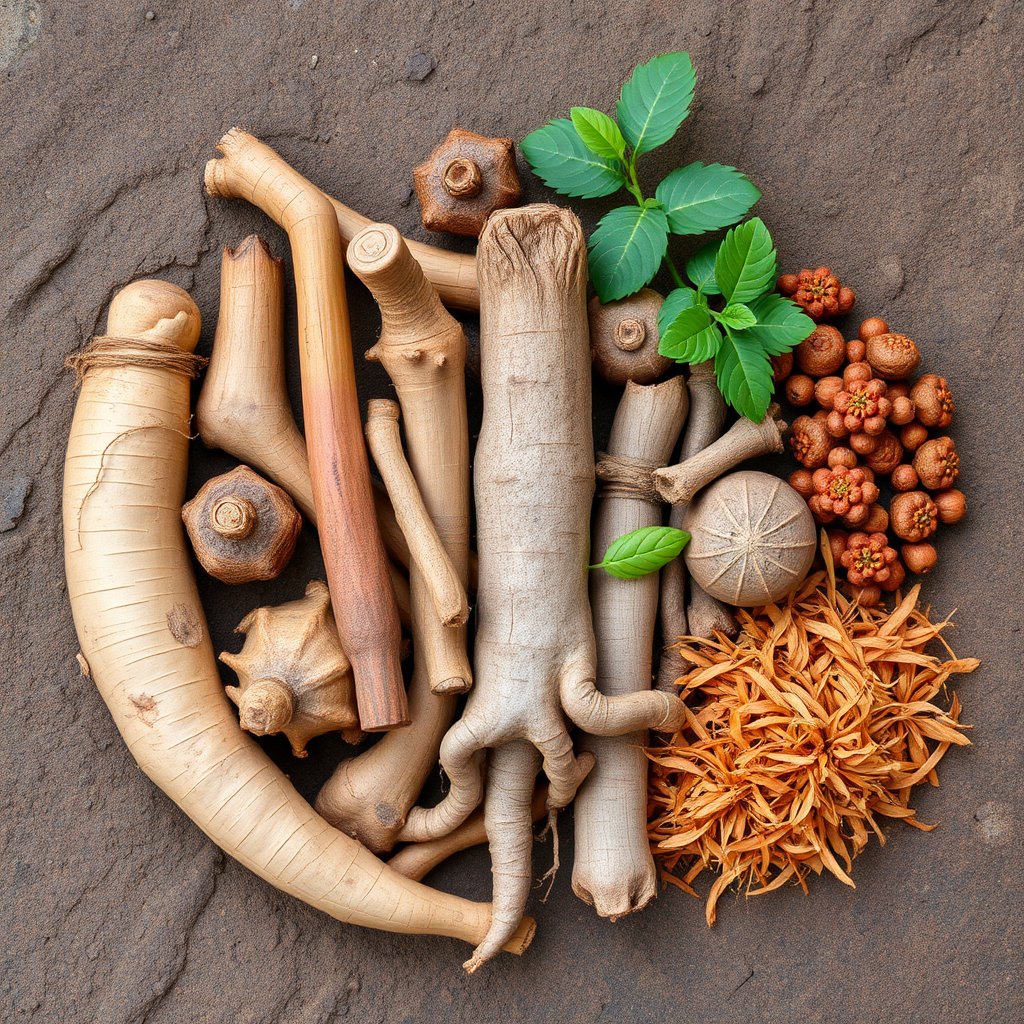Coleção de raízes e ervas adaptógenas como ginseng, ashwagandha e rhodiola dispostas artisticamente sobre superfície natural