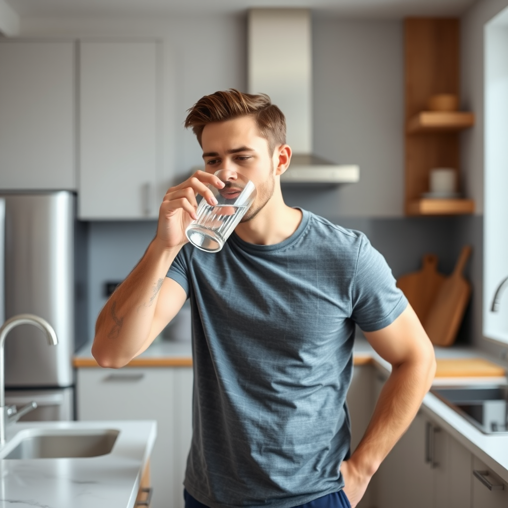 Homem bebendo água pela manhã em uma cozinha moderna, demonstrando hábitos saudáveis de hidratação matinal