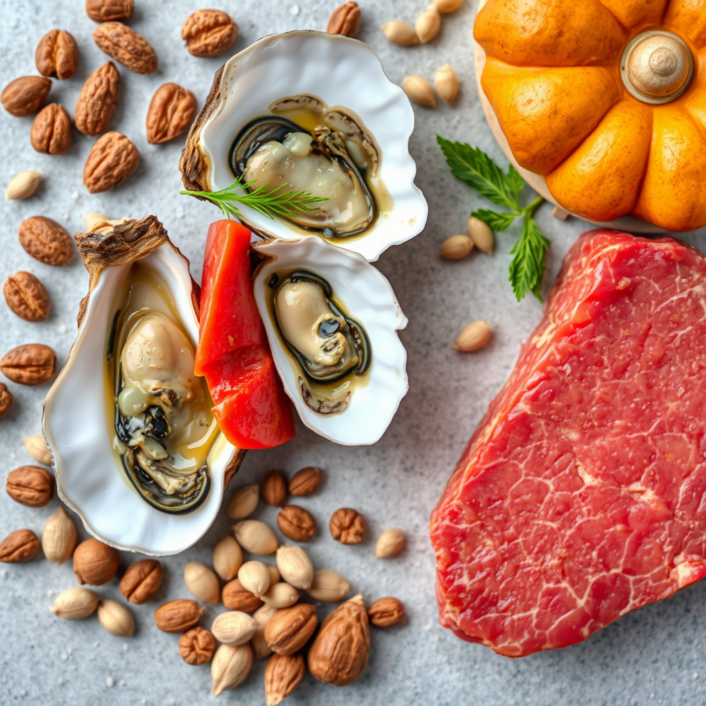Alimentos ricos em zinco como ostras, carne vermelha, sementes de abóbora e nozes dispostos artisticamente