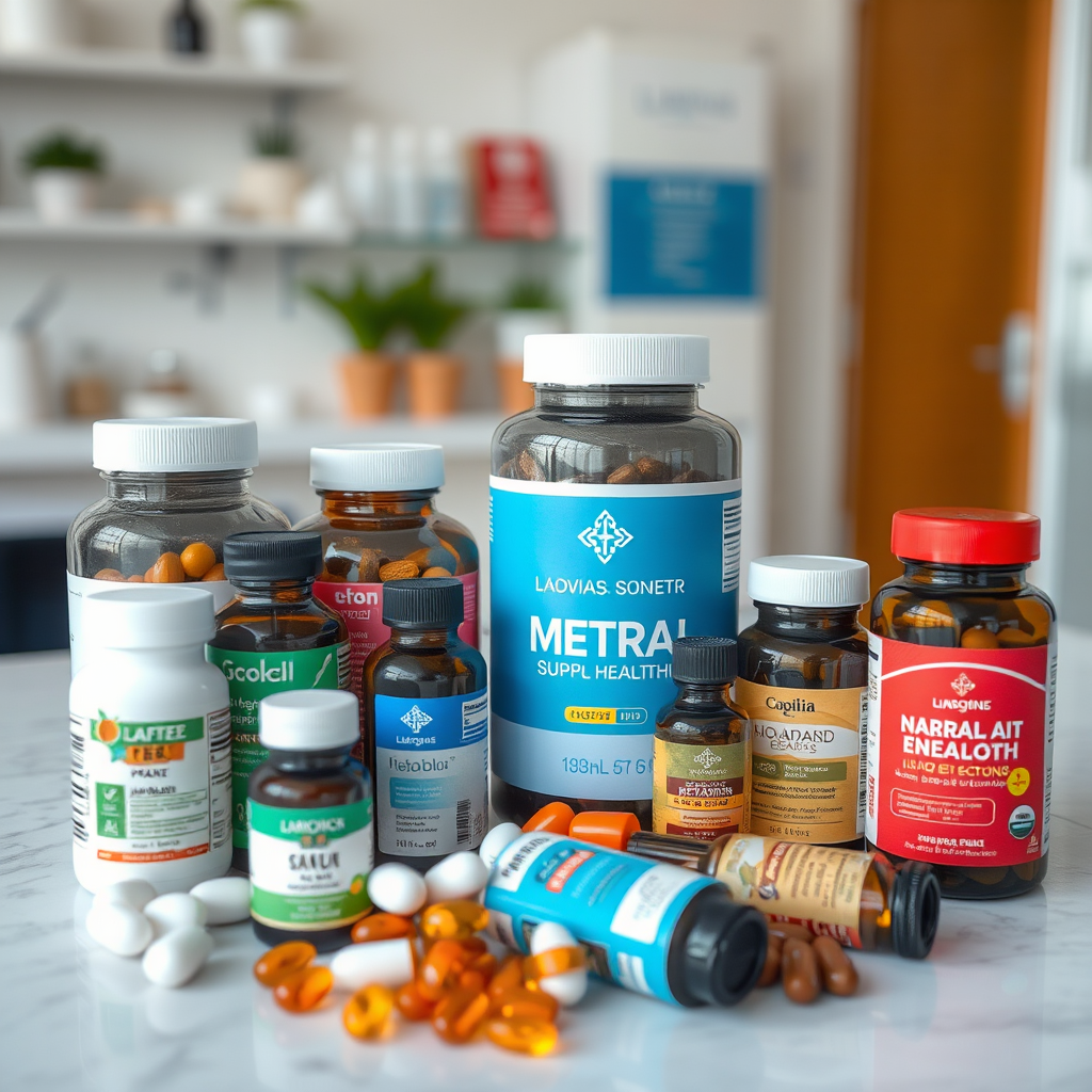 Variedade de suplementos naturais para saúde masculina dispostos numa mesa de clínica médica em Lisboa, com frascos de vitaminas e extratos herbais