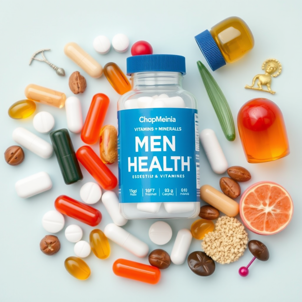Arranjo profissional de cápsulas e comprimidos de vitaminas e minerais essenciais para saúde masculina sobre fundo limpo