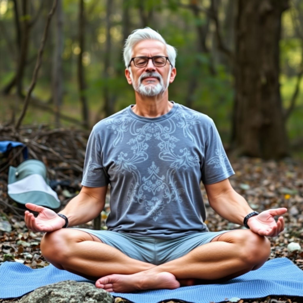 Homem maduro relaxado meditando em ambiente natural, demonstrando os benefícios do magnésio para o bem-estar mental e físico