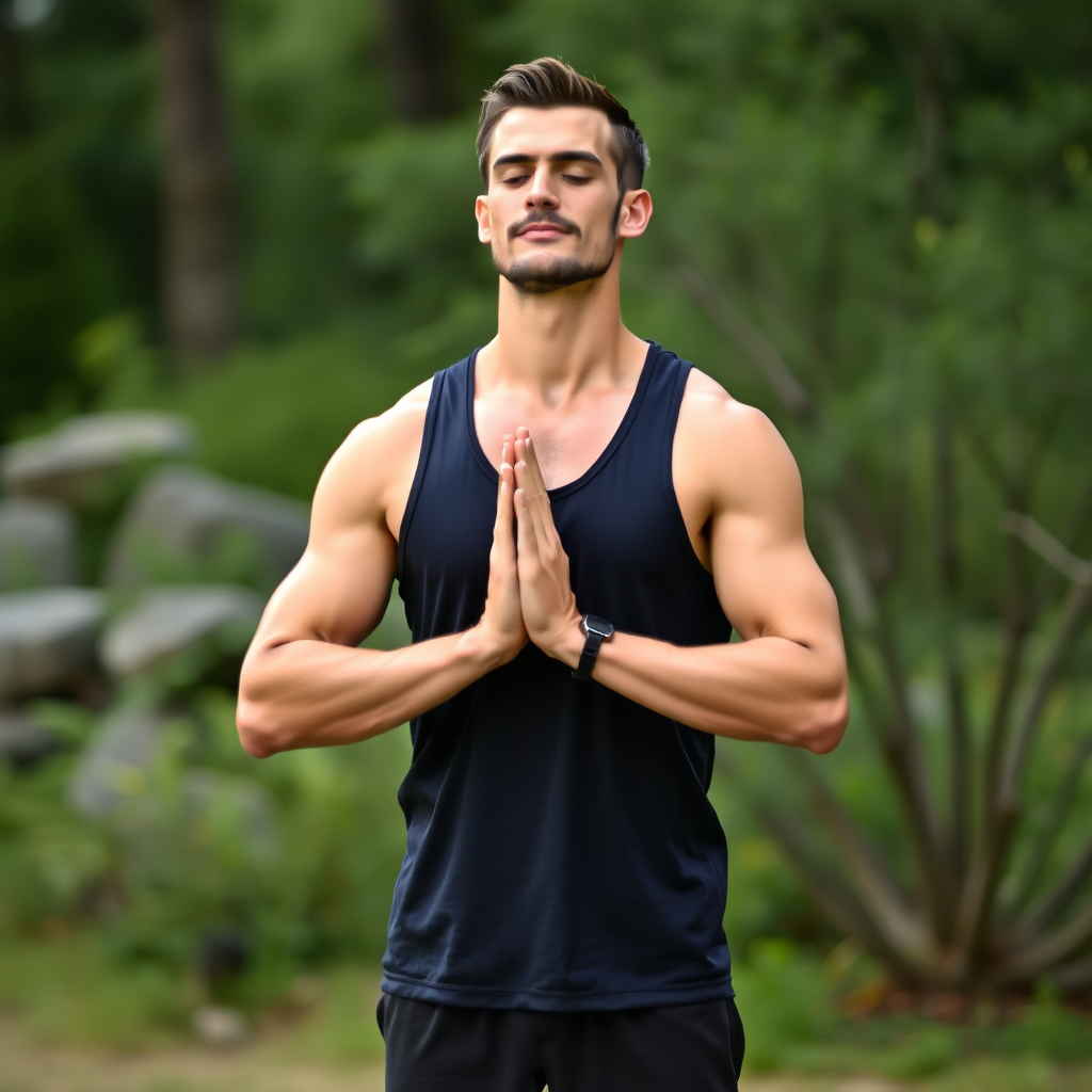 Homem atlético praticando técnicas de respiração e meditação ao ar livre, demonstrando abordagem holística para construir resistência física e mental naturalmente