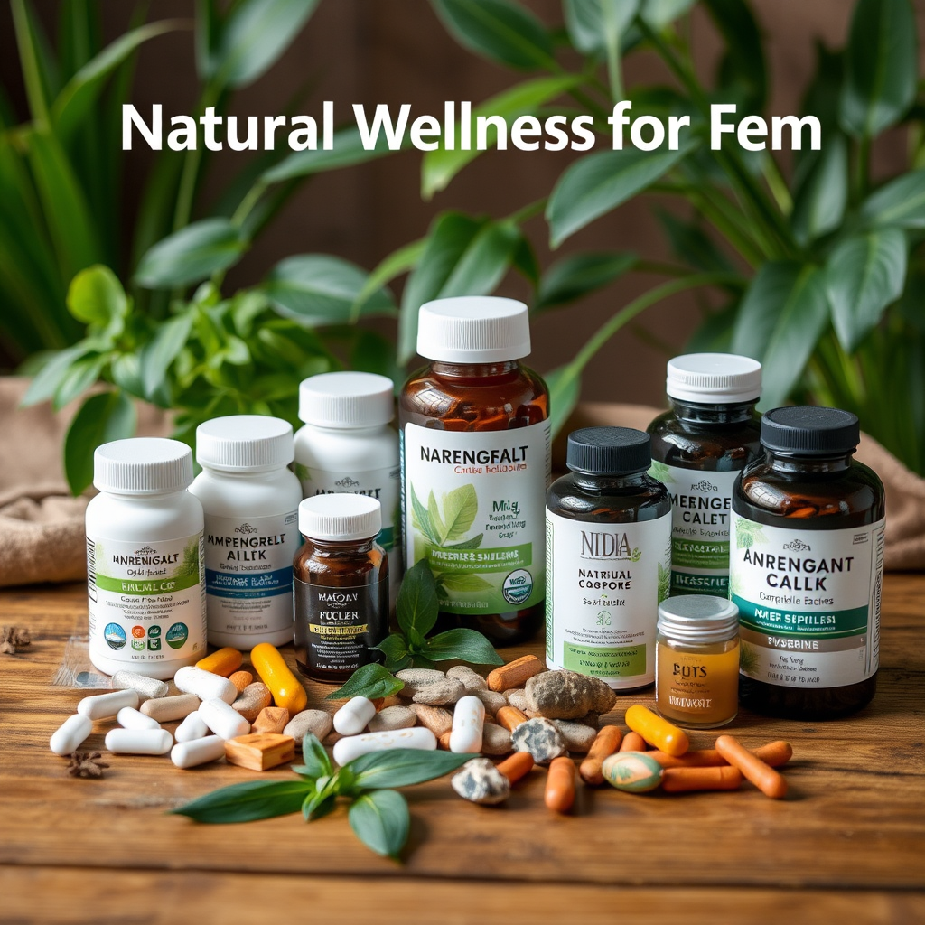 Suplementos naturais organizados em uma mesa de madeira com plantas ao fundo, representando wellness natural para homens