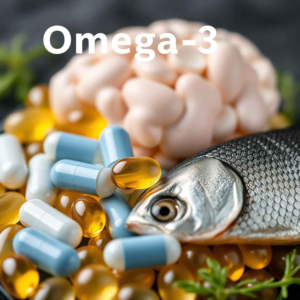 Cápsulas de ômega-3 e peixes ricos em ácidos graxos essenciais, simbolizando proteção cardiovascular e cerebral