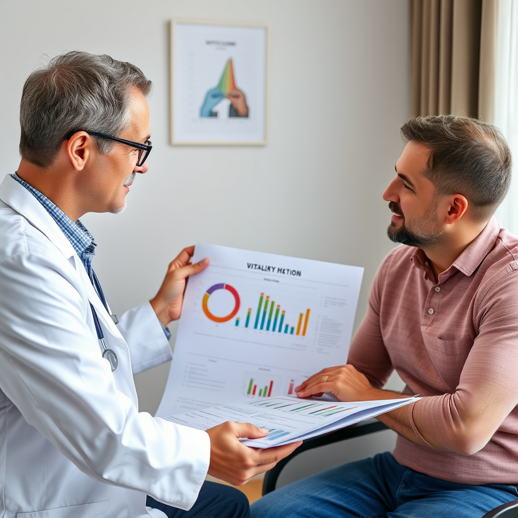 Médico especialista em saúde masculina numa consulta em Lisboa, explicando gráficos sobre vitalidade e bem-estar a um paciente masculino