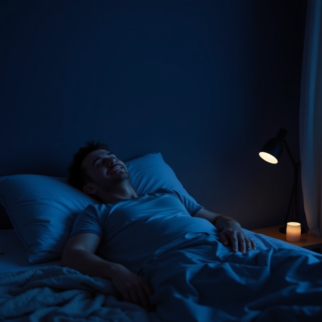 Homem relaxando em um quarto escuro e tranquilo antes de dormir, demonstrando práticas de bem-estar noturno para recuperação